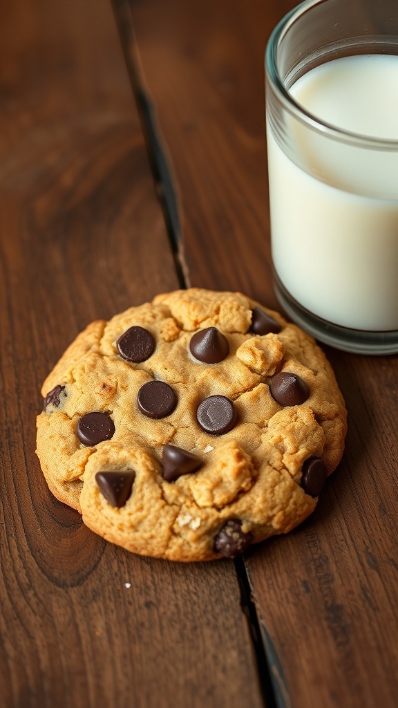 A single oatmeal cookie with chocolate chips on a wooden table next to a glass of milk.